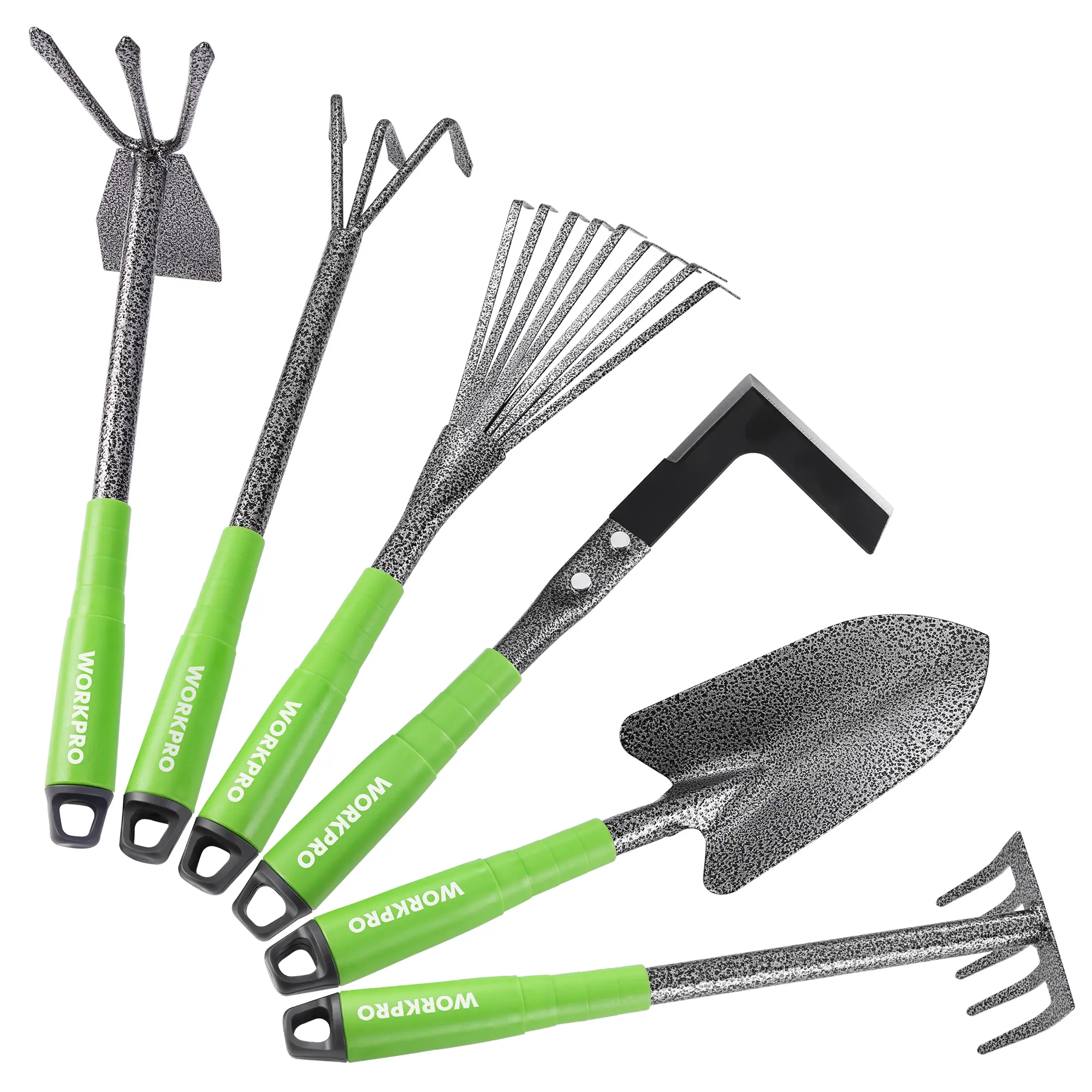 WORKPRO 6-Piece Garden Tool Set, Heavy Duty Gardening Hand Tools with Soft Rubber Handle, Including Trowel, Rakes, 2-in-1 Hoe and Crack Weeder, Ideal Gardening Gifts for Men and Women
