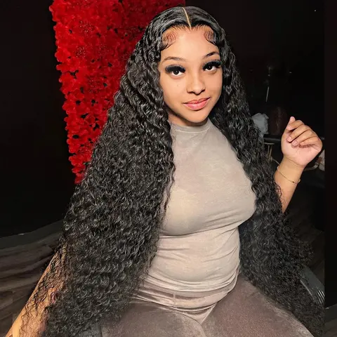 Women's 100% Human Hair 13x6 HD Swiss Lace Front Wig - Black, Deep Wavy, Kinky Curly, Water Wave, Burmese Curly, Glueless, Pre-Plucked, Bleached Knots, Natural Color, 180% Density, Virgin, Wear and Go, Adjustable, 4 Combs, Drawstring, Deep Wavy Hair