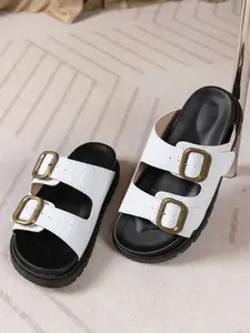 Vintage Style Thick Sole Sandals, Alligator Texture, Dual Buckle Design, Perfect for Jeans, High-Quality Footwear