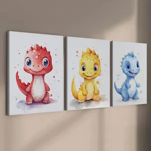 3 count wooden frame canvas, watercolor cute little dinosaur triple poster, interesting animal decoration, mural, Wall Art Painting, home, bedroom, living room and corridor wall decoration, HD, waterproof, art