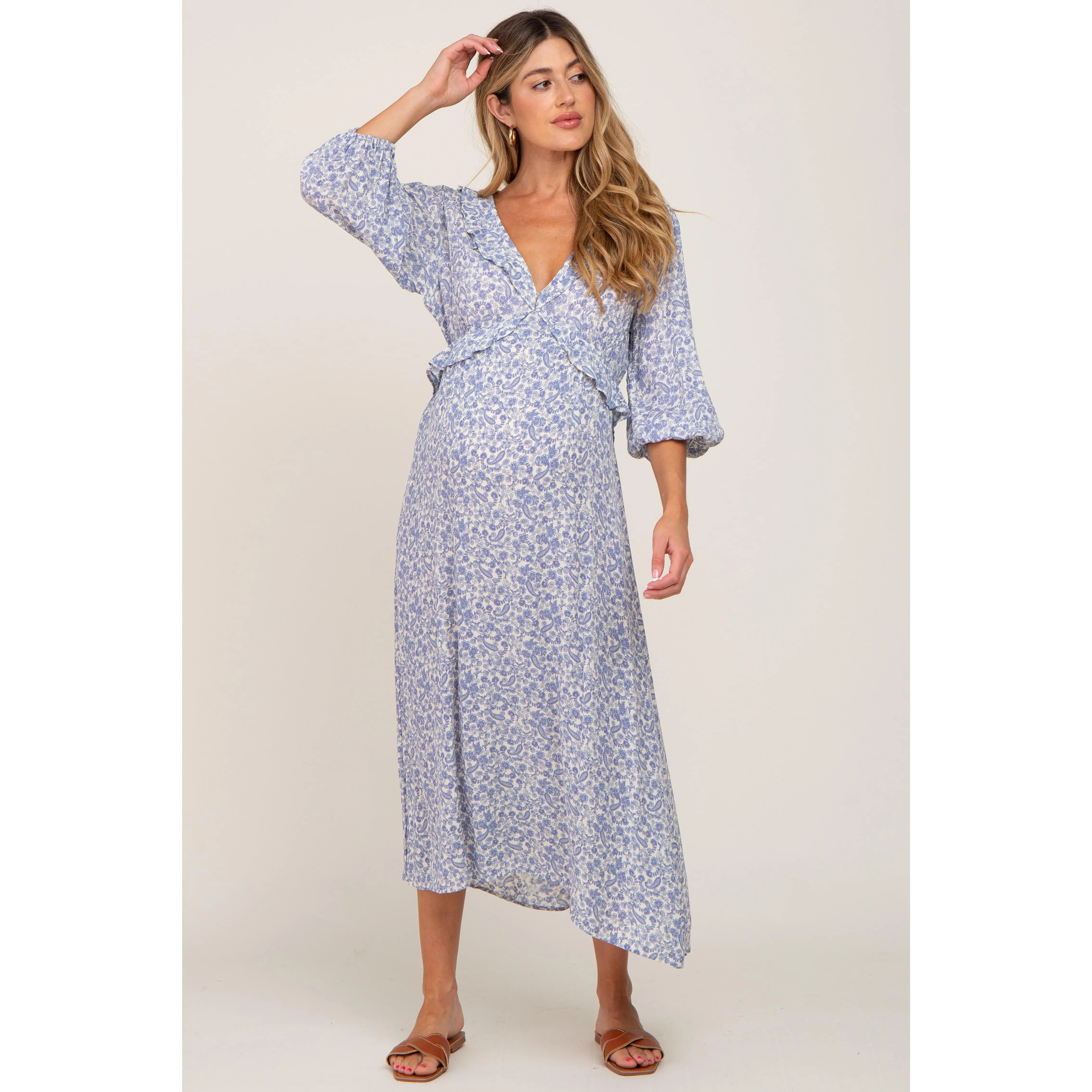 knee length dresses for ladies Pink Floral Button Puff Sleeve Maternity Midi Dress Medium