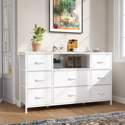 Raybee Sturdy Metal & Fabric TV Console Table - Metal Frame, Power Outlet Charging Station, 8 Deep Drawers (60-80 Socks, 8-11 Jeans Each), Adjustable Multimedia Centre, Drawers Add Soft Modern Style, Ideal for Living Rooms and Bedrooms