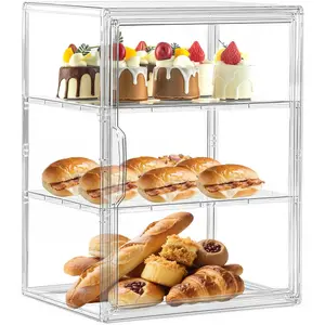Large 3 Layers Adjustable Clear Pastry Display Case, Bread Box for Kitchen Countertop, Clear Bread Storage with Magnetic Door, Bread Container for Bread, Bagel, Donut