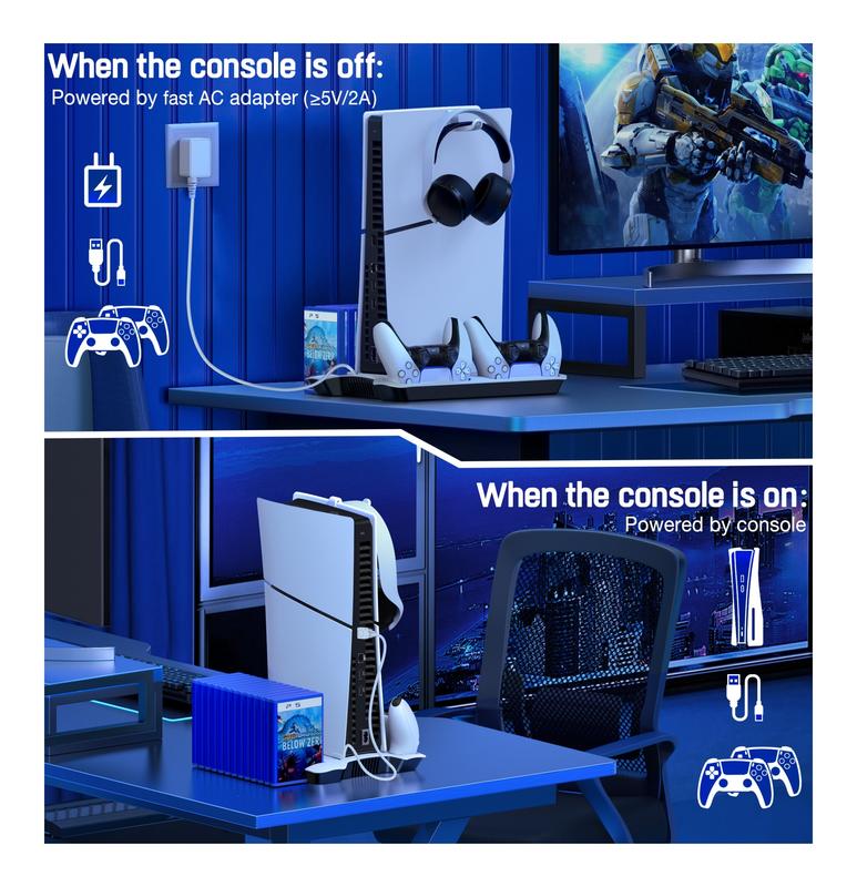 ESYWEN PS5 Slim/PS5 Pro Stand & Cooling Station with Dual Controller Charger, 3-Level Fan, 13-Game Holder, USB Hub, Headset Mount, Fast Charging Dock, LED Indicators