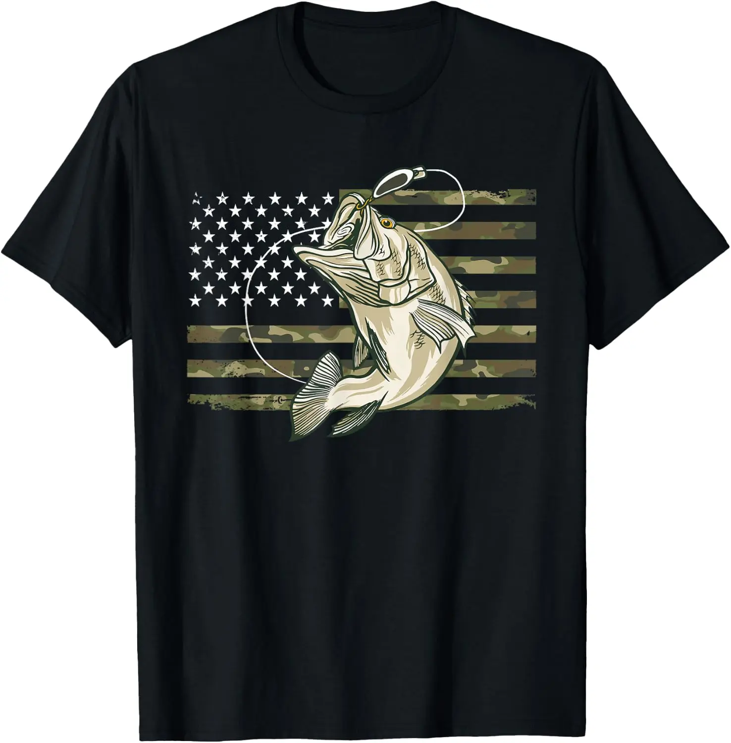 Camo American Flag Largemouth Bass Fishing Graphic T-Shirt, Patriotic Star Stripes Camouflage Fisherman Outdoor Hunting Men Crew Neck Tee