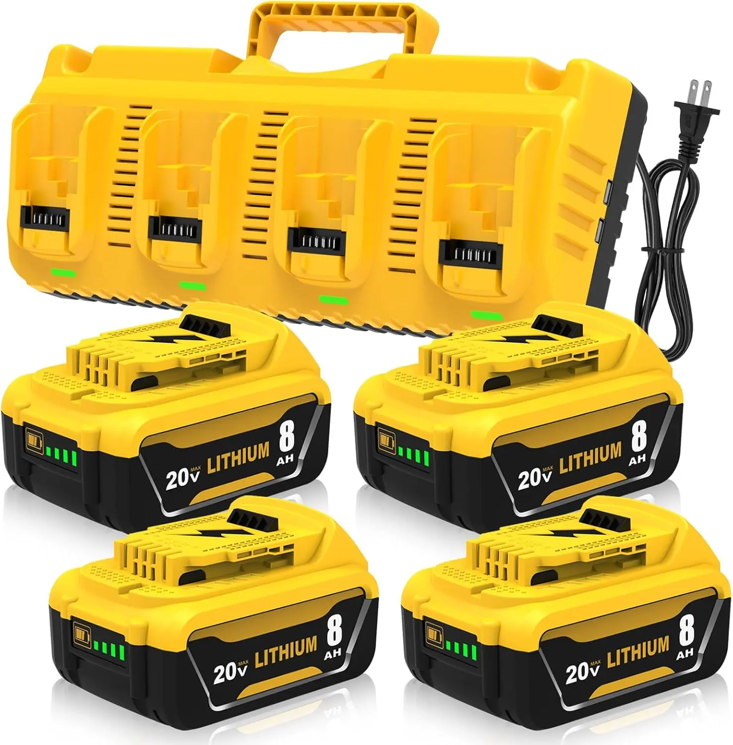 4-Pack 20V 8000mAh Lithium Batteries + 4-Port Charger (charger + batts), Dewalt 20V MAX/DCB104 Replacement, 2 2.1A USB Ports, 100-240V AC, High-Capacity Lithium Cells, Manufacturer Warranty, 1-Year Free Replacement, 2 Usb Ports