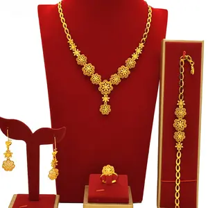 All-season Jewelry Accessory 4-Piece 24K Gold Plated Filigree Flower Statement Necklace Drop Earring Adjustable Ring & Bracelet Luxury Bridal Jewelry Set For Women Daily Wear