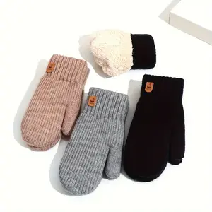 Cozy Fleece-Lined Winter Gloves Unisex 1 Pair Solid Color Striped Knit Warm Mittens Elastic Acrylic Thick Double-Layer for Casual Outdoors