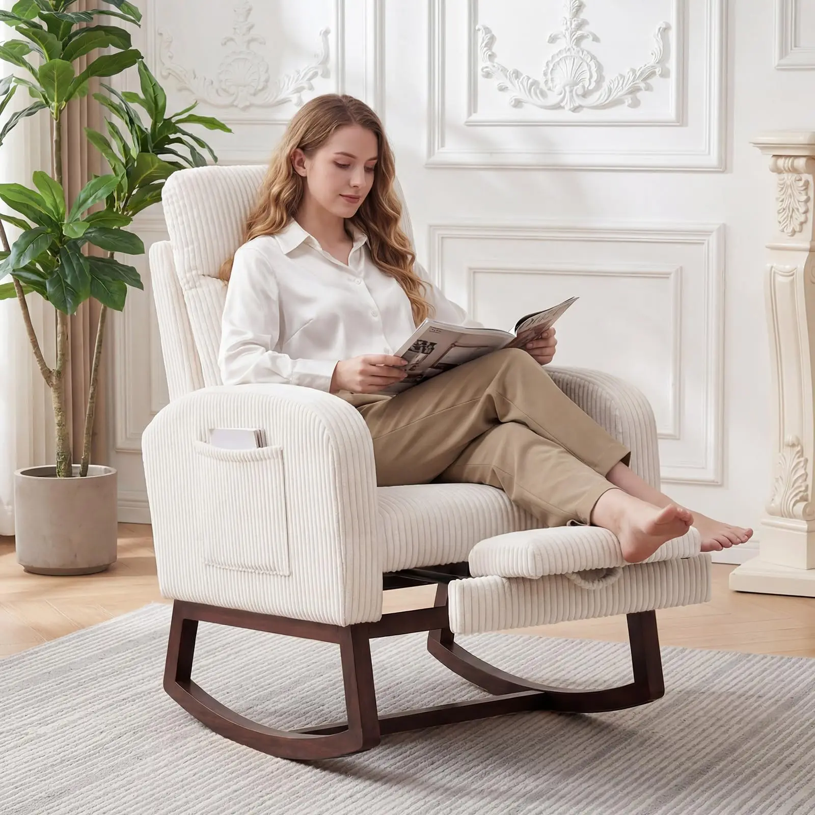 Garvee High Back Upholstered Nursery Rocking Chair with Foot Rest and Solid Wood Base – Comfortable Glider Recliner for Mom, Baby Nursing, Living Room, Bedroom – Modern Lounge Chair with Side Pocket