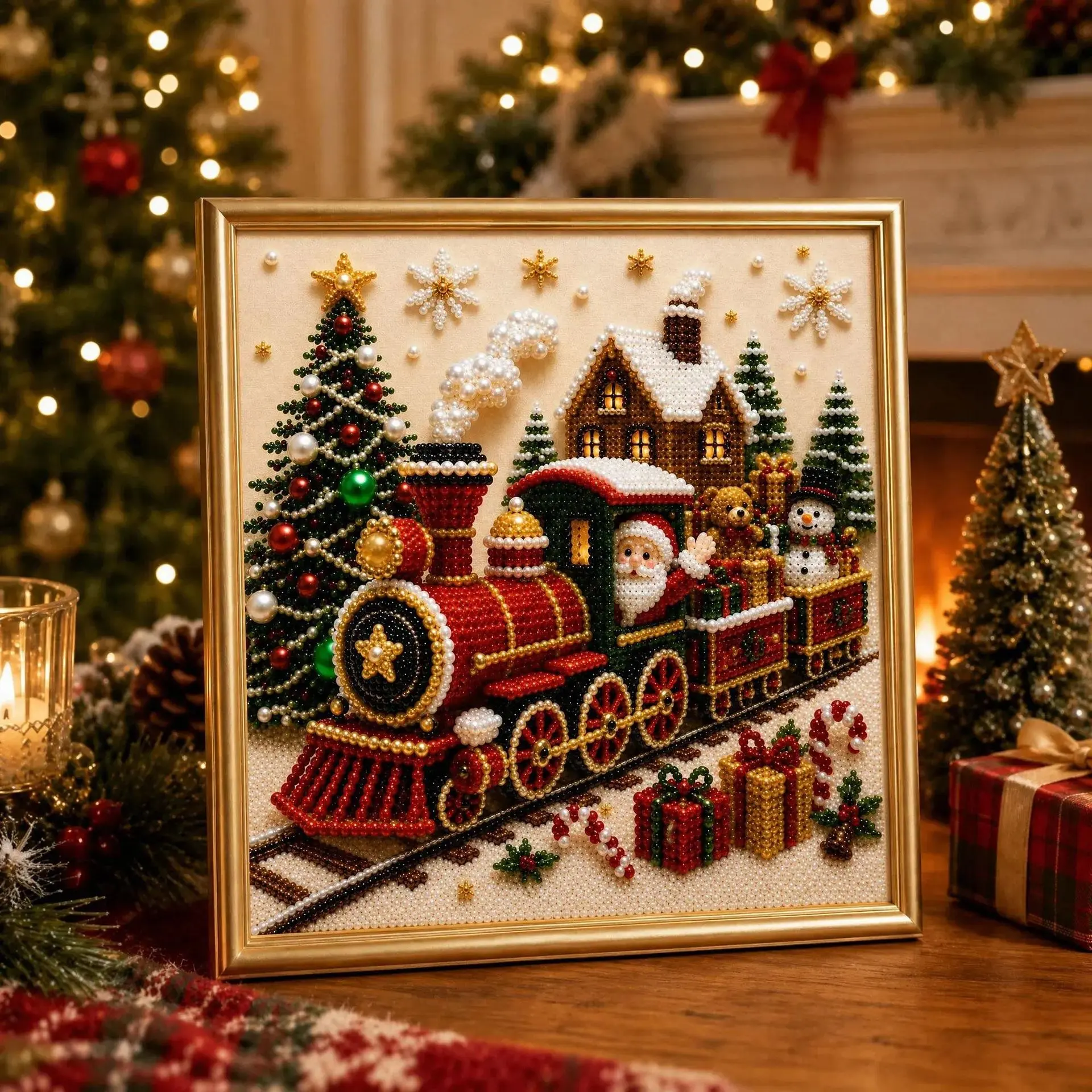 (With Frame)DIY Christmas Diamond Painting Art Kit, Christmas Pearl Beads Art Craft for Adults Beginner, Gemstone Diamond Dots Beads for Home Wall Decor, Cute Magic for Gifts