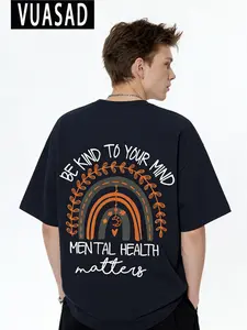 100% Pure Cotton Casual Matters Mental Health Print T-Shirt, Long Loose-Fit Short Sleeve Top, No Button Zipper Collar Design