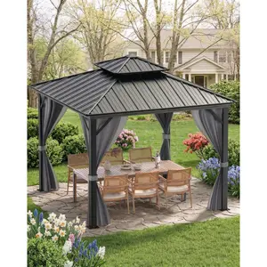 Garvee Hardtop Gazebo 8 ft x8 ft for All Weather, with Double Metal Roof, Aluminum Alloy Frame, Net, and Curtain, Permanent Building for Patio, Deck, Backyard, Lawn, and Garden