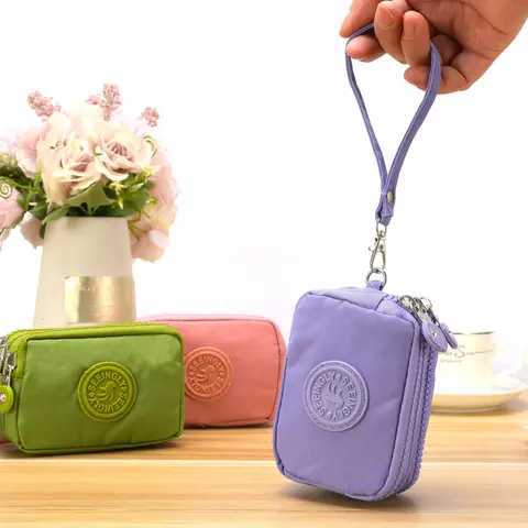 PIOMA Women's Vintage-Style High-Quality Nylon 3-Zip Mini Coin Purse - Vintage Chic Purse, Minimal Aesthetic Women's Wallets, Hangable Clip-On Plain Bag, Purple Black Green, Hand Washable/Dry Cleanable, No Embroidery/No Oil Edges