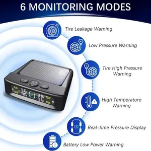 Tire system, solar charging function tire system, RV tire pressure monitoring system with 4 external sensors and 6 modes, LCD real-time display, sport utility vehicle tire pressure monitoring system. Essential items for safe vehicle operation