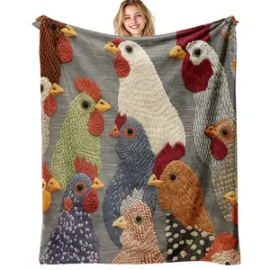 Fun Chicken Head Pattern Plush Blanket, Colorful Farmhouse Design, Soft Flannel Throw for Home Decor, Decorative Giftable Blankets, All Seasons Use(Digital printing process, non-knitted and non-embroidered styles)
