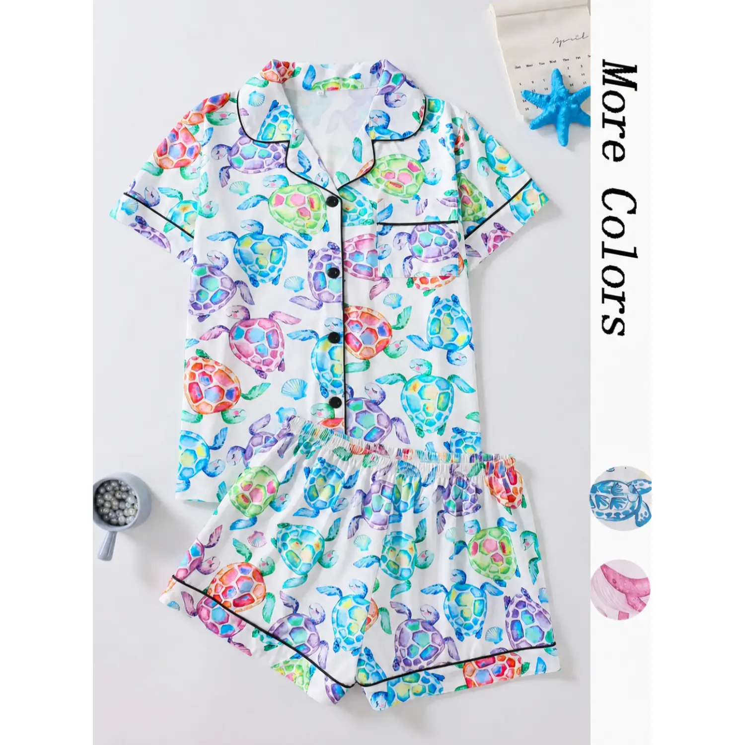 Women's Turtle Print Pajama Set - Short Sleeve Shirt & Shorts - Casual Summer Sleepwear & Loungewear