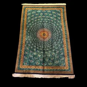 Handmade Turkish Rosette Lotus Medallion Blue Rug – 8x5 ft 100% Silk Carpet