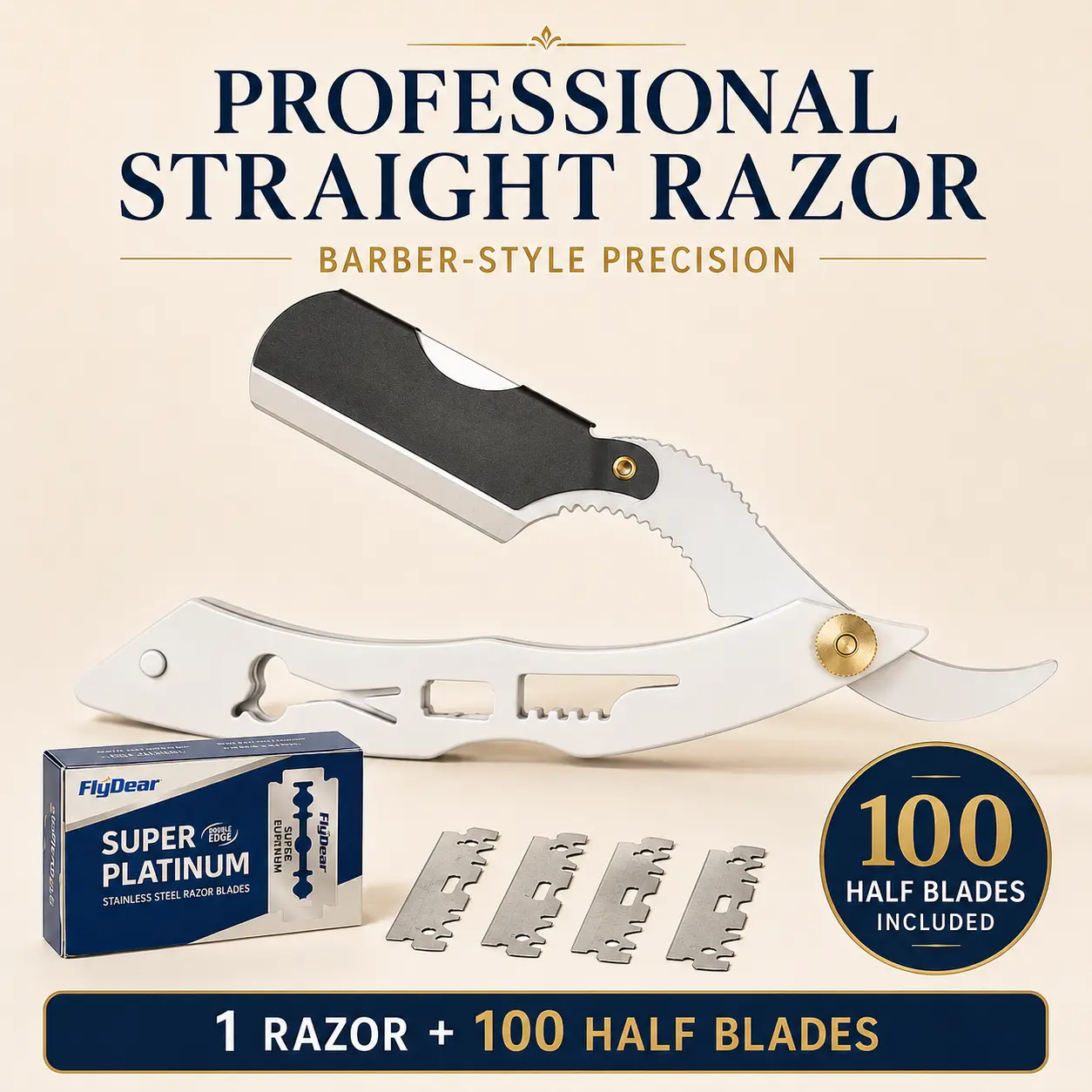 Professional Straight Razor Kit | 100 Stainless Blades,Anti-Slip Design, Easy Replacement for Beard Shaping,Dermaplaning&Grooming Men's Shaving sharp handheld razor blade classic men manual shaver smooth shave daily groom Facial Lightweight care head