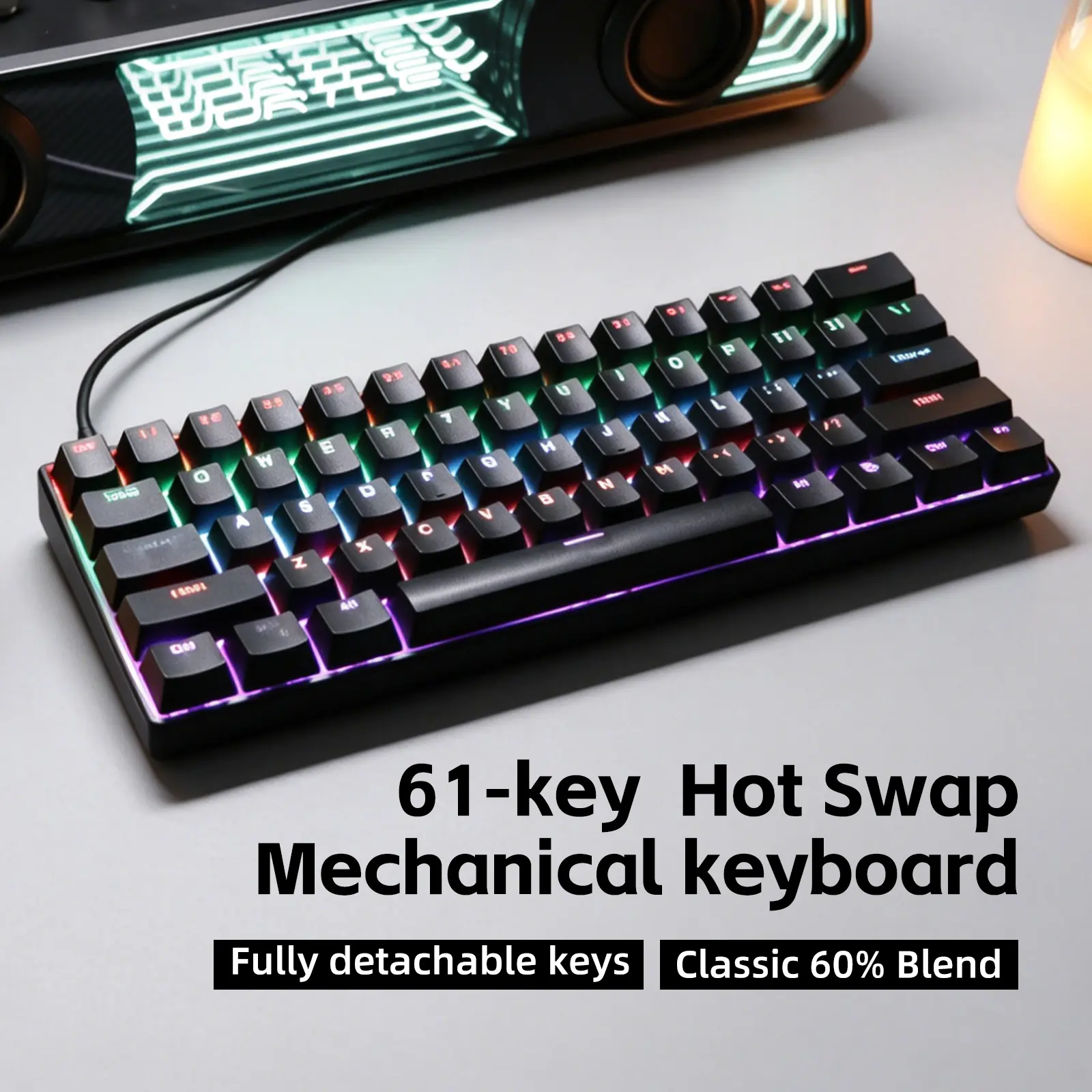 KL61 60% Gaming Mechanical Keyboard, 61-Keys Hot-Swap Red Switch, 17 Preset RGB Light Modes, Dual-Shot PBT Keycaps, Wired Compact Keyboard for PC Mac Daily Usage