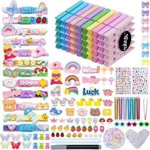 Sopito Cheer Pins Spirit Clips, 80PCS Clothes Pins Wooden with Vibrant Mini Resin Charms Bows Stickers Beads Letters for Backpack Deco, Cheer Gifts for Team, Cheerleaders