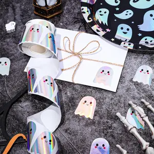500Pcs Laser Cute Halloween Ghost Stickers, 1.5 Inch Holiday Gift Sealing Decor Stickers, Waterproof Self-Adhesive Stickers, Funny Party Decorations for Envelopes & Scrapbooks