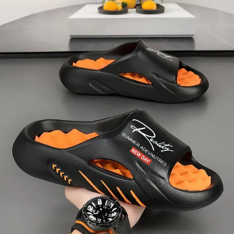 Men's Casual Letter Print Slides, Casual Flat Slippers, Comfortable Non-Slip Soft Slippers for Indoor and Outdoor Wear, Slippers for Men