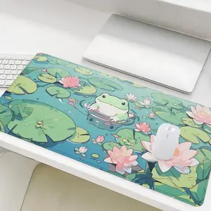 Frog & Lotus Pattern Mouse Pad, Rectangle Gaming Mouse Pad, Non-Slip Rubber Base Stitched Edge Desk Pad for Desk Laptop Desktop, Gaming Desk Accessory