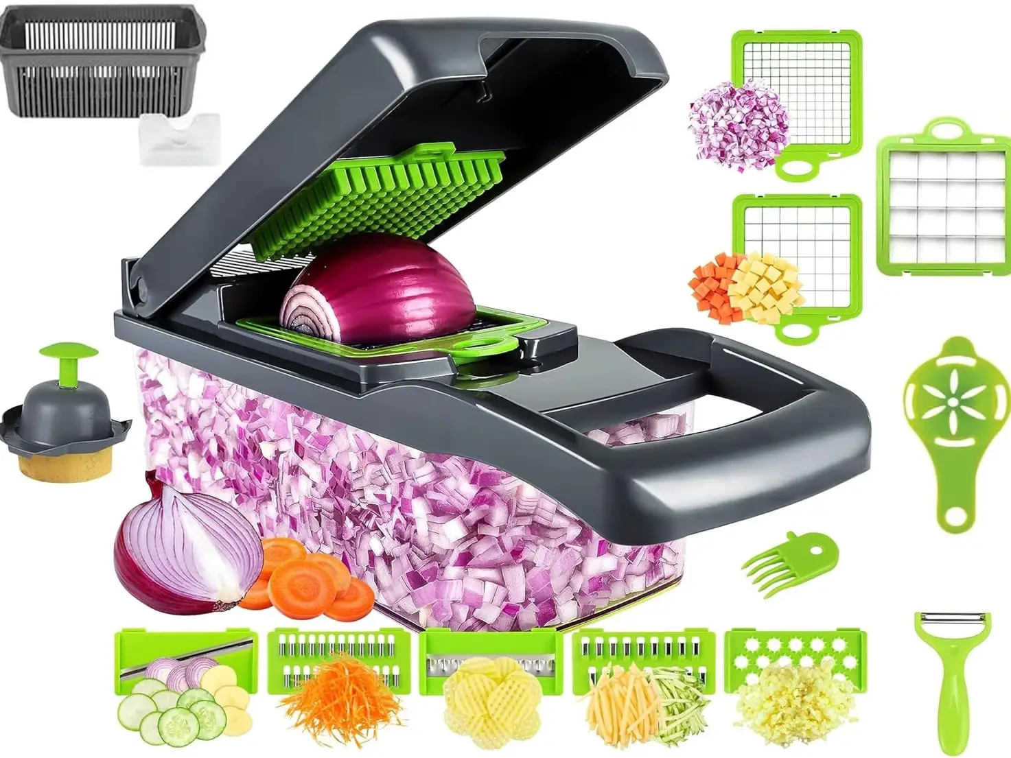 16 in 1 Food Chopper, Kitchen Vegetable Slicer Dicer Cutter,With Stainless Steel Blades,Carrot and Garlic Chopper With Container