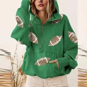 Women's Game Day Sweatshirts Football Sequin Hoodies Tailgate Outfits Long Sleeve Zipper Sweaters with Pocket Adjustable Comfy