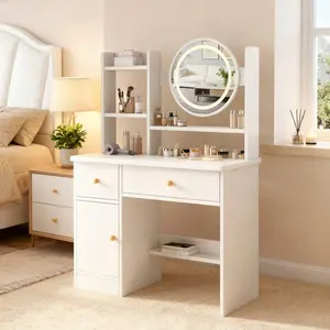 Makeup Vanity Desk With Mirror And LED Lights, 3 Lighting Modes, Dressing Table With Drawers, Multifunctional Makeup Writing Desk For Bedroom