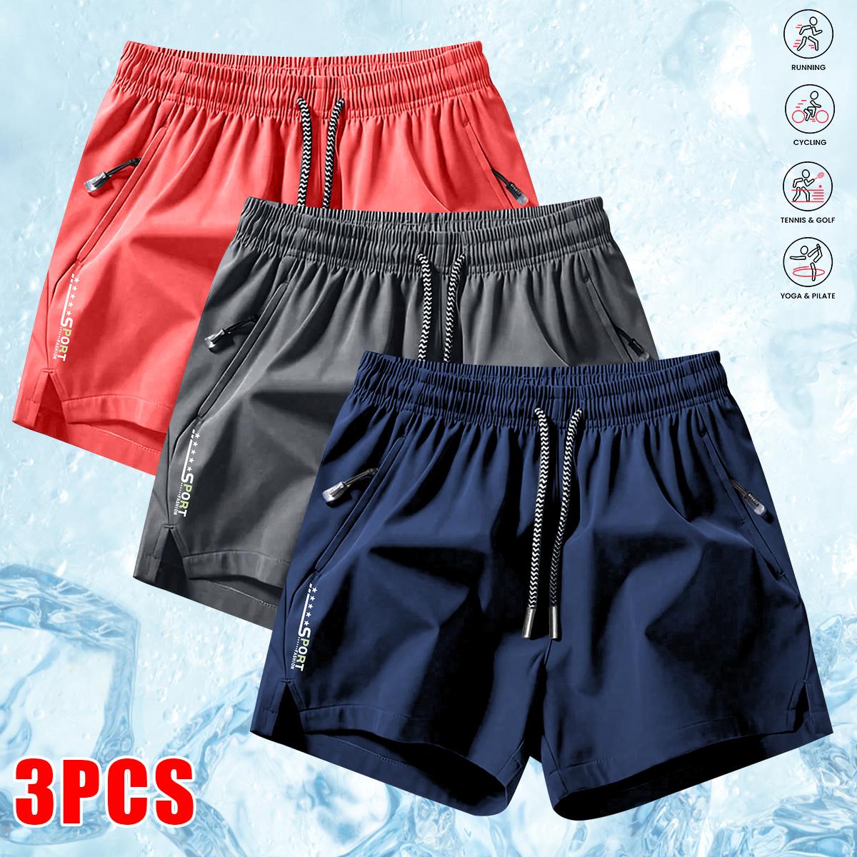 Men's 3-Pack Athletic Casual Split Shorts, Breathable Quick-Dry Gym Running Sport Shorts, Mens Clothing with Letter Print, Zippered Pockets, Drawstring Waist, Lightweight for Workouts, Outdoor Wear, Breathable Sport Shorts