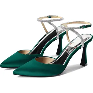 Coutgo Womens Rhinestone Heels Kitten High Satin Pumps Pointed Toe Sparkly Sexy Wedding Dress Shoes