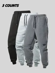 Men's Solid Color Casual Sports Sweatpants, Jogging Sweatpants, Fall Winter Comfortable Loose Fit Long Pants, Street Style Drawstring Joggers, Sports Bottoms, Athleisure Style Bottoms, Casual Sport Trousers, Athletics Pants, 3 Pack