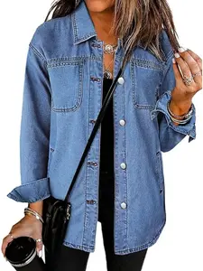 1 Spring Summer Oversized Collared Denim Shacket Women | Button Down Chest Pocket Curved Hem Loose Fit Medium Wash Denim Jacket | Casual Chic Vintage Style for Daily Vacation Travel Wear