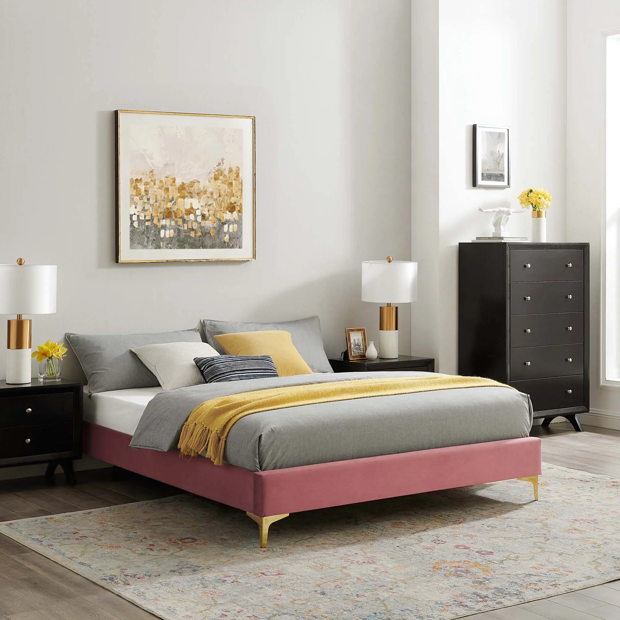 Modway Sutton Full Performance Velvet Bed Frame in Dusty Rose, Flat Bed Frames, Platform Bed Frames