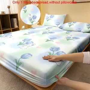 3-Piece Set 100% Polyester Blue Floral Rabbit Print Flannel Bed Sheet, Soft Mattress Cover with 2 Pillowcases, Bedroom Bedding