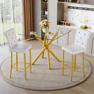 3 Pcs Bar Table Set, Modern Glass Bar Table and Fixed-Height Bar Stools Set of 2, Contemporary Counter Height Pub Table with Gold Chrome Legs, White PU Leather Bar Chairs for Kitchen Island, Home Bar, Small Space