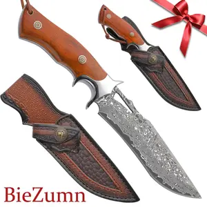 BieZumn hunting knife, high-grade Damascus steel hand forged knife, with wooden handle and imitation leather sheath - portable