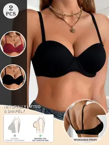 2 Pack Women's Push Up Bra Detachable Straps Strapless Bra Naturally Lifted Shapely Supportive Everyday Wear Bra