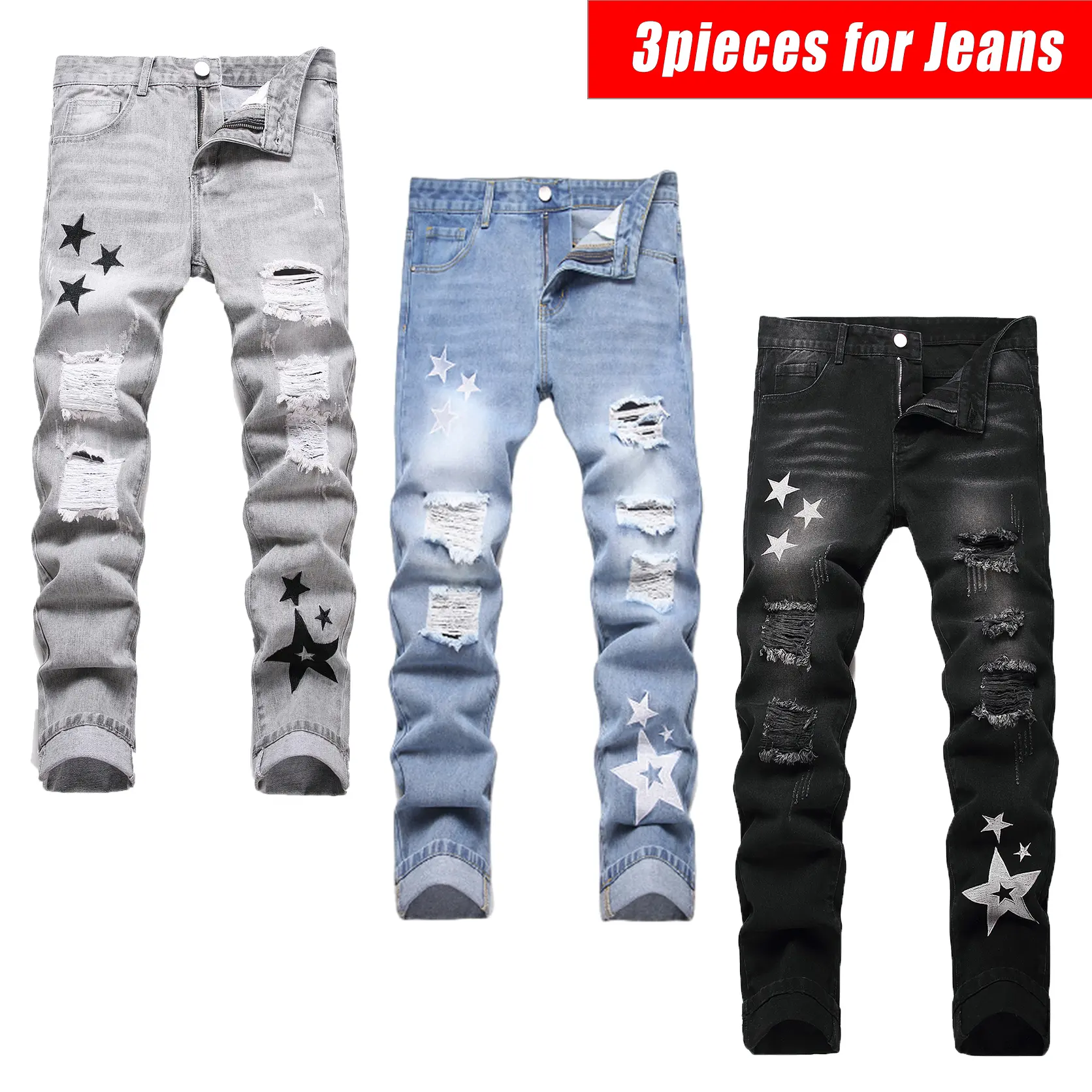 Men's 3-Pack Distressed Denim Jeans Set - Slim-Fit Straight Tube, Hole-Torn, 5-Star Embroidery, Hip-Hop Streetwear, Breathable Stylish Fabric, Athletic Pockets, Unique Menswear