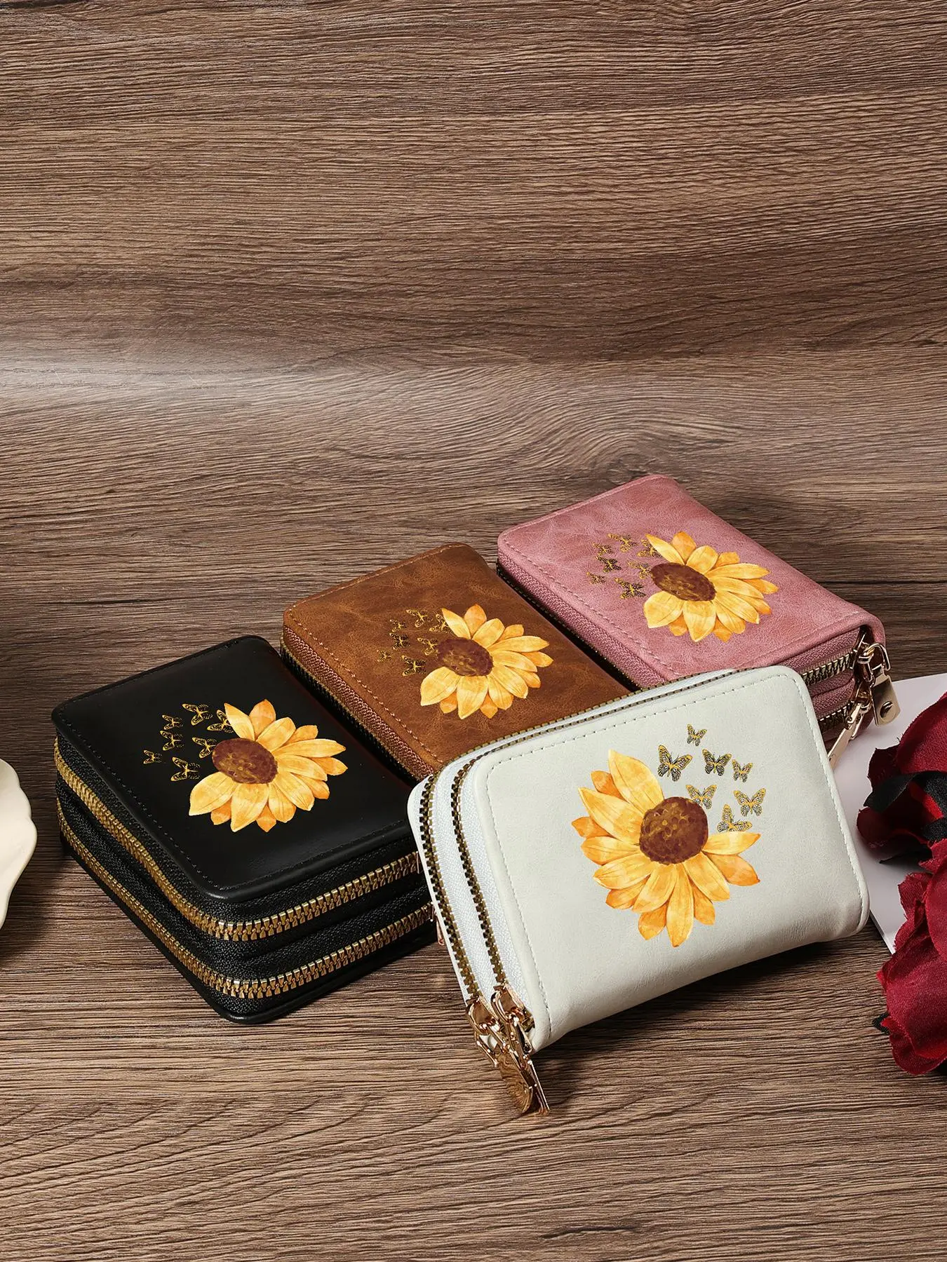 Women's Sunflower & Butterfly Pattern Card Holder, Fashionable Zipper Card Holder, PU Card Holder, Casual Versatile Short Wallet for Women & Girls, Credit Card Organizer, Card Id Holder, Designs, Card Slots Pocket, Card Storage