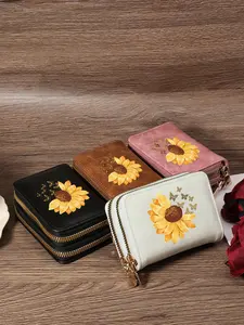 Women's Sunflower & Butterfly Pattern Card Holder, Fashionable Zipper Card Holder, PU Card Holder, Casual Versatile Short Wallet for Women & Girls, Credit Card Organizer, Designs
