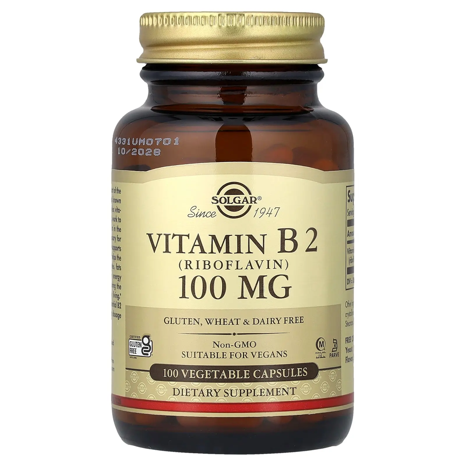 Solgar Vitamin B2 (Riboflavin), 100 mg, 100 Vegetable Capsules