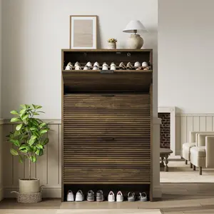 Shoe Storage Cabinet for Entryway, 32" Wide Fluted Shoe Cabinet with 3 Flip Drawers Doors, Shoe Rack Tall Freestanding Shoe Organizer for Entrance, Hallway, Living Room, Walnut