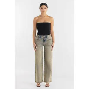 MissMe Tropez Baggy Wide Leg Jeans Vintage Fabric Embroidered Style for Women