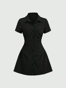 Women's Casual Short Sleeve Button Shirt Dress, Casual Wear, Waist Ruched Design Slim Fitting A-Line Skirt, Summer Commute Elegance Fashion Clothes