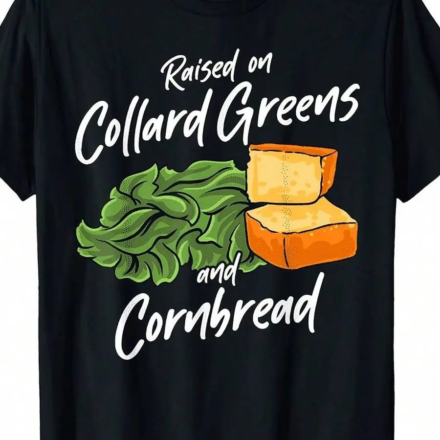 Unisex Southern Cuisine Kale And Corn Bread Printed Cotton T-Shirt - 180g Heavy Retro Classic, Oversized Relaxed Fit, Breathable Men's/Women's Top