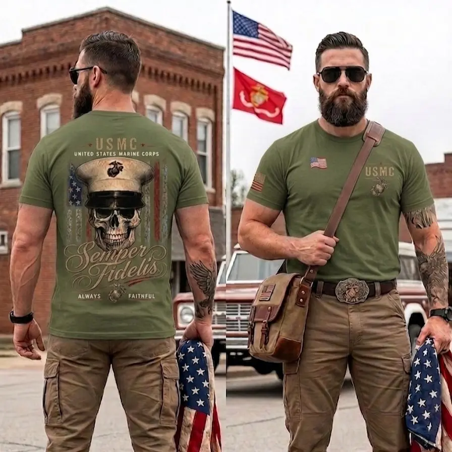 Men's Classic Cotton Short-Sleeve USMC Semper Fidelis Skull T-Shirt, United States Marine Corps Veteran Graphic Apparel, Eagle Globe Anchor Patriotic Gift for Marines