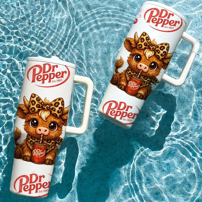 40oz insulated mug Dr Pepper soda print, leopard highland cow cute cartoon design, aesthetic thermal mug, double wall vacuum stainless steel, straw lid with handle, leak proof, keeps hot 12 hours cold 24 hours, valentines birthday daily gift