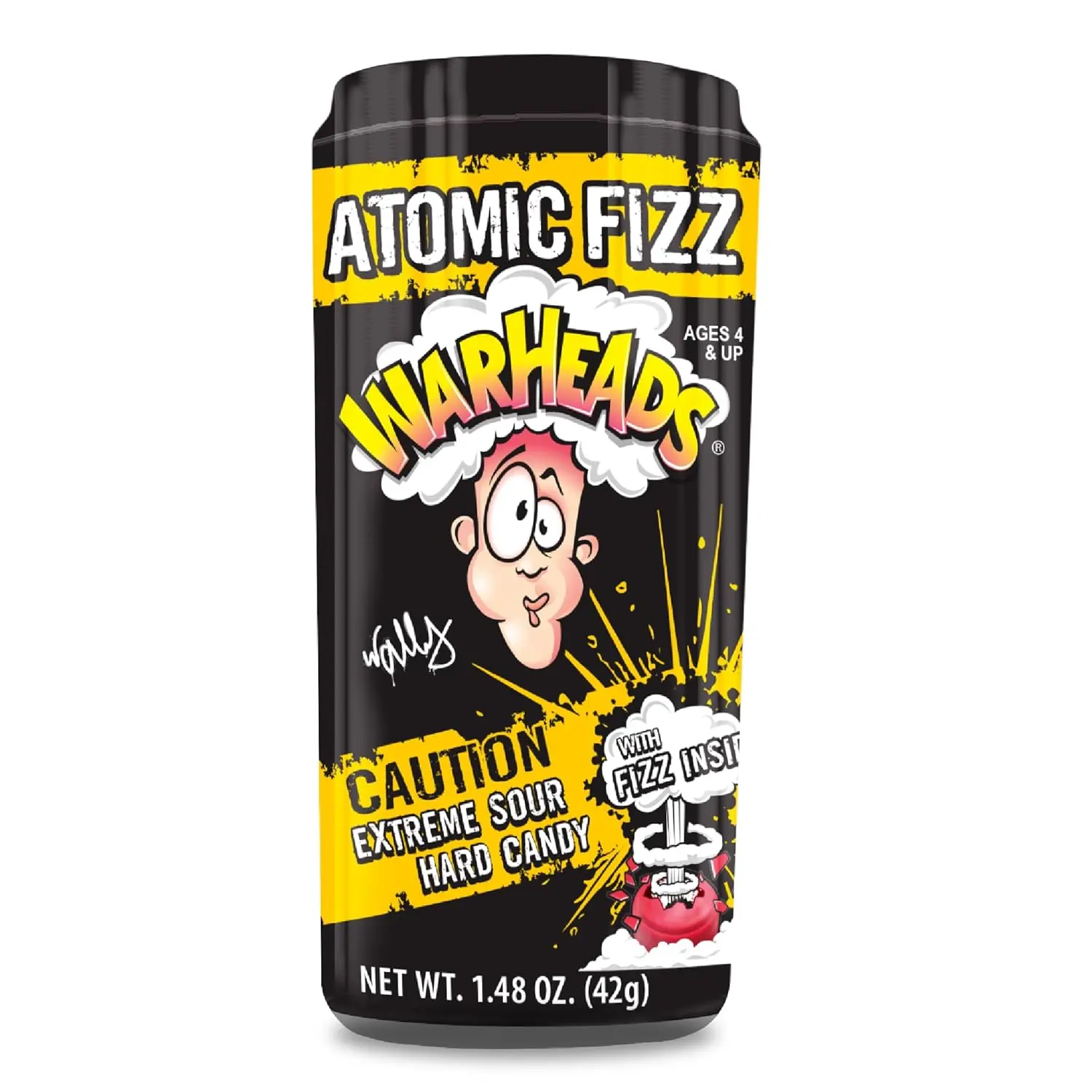 WARHEADS Atomic Fizz Fizzing Sour Hard Candy 1.48 oz Canister, Assorted Fruit Flavors, Sour Apple, Black Cherry, Blue Raspberry, Lemon & Watermelon
